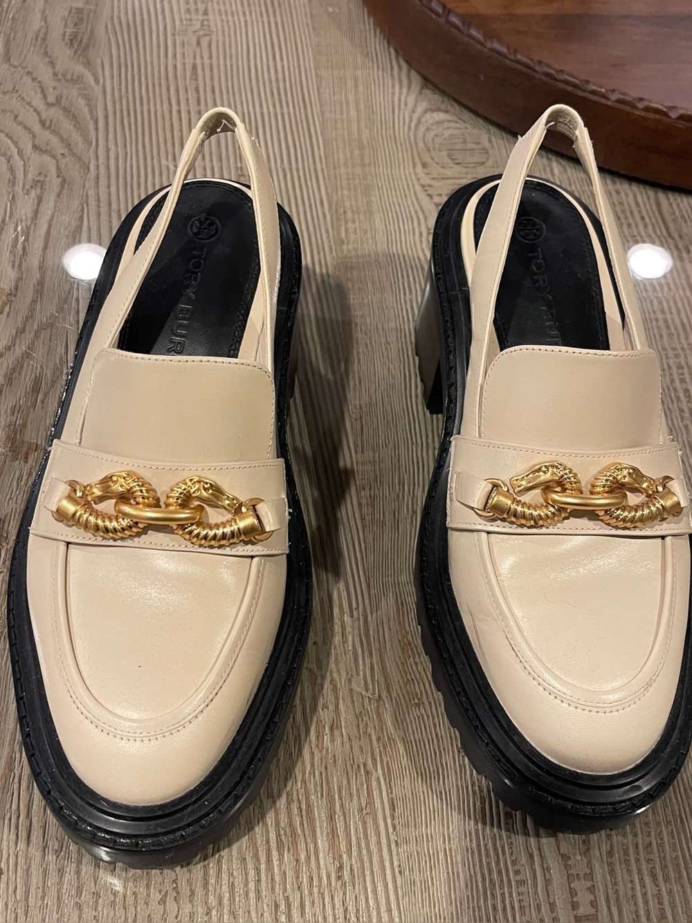 Tory Burch Cream Slingback Loafers with Gold Chain Accent